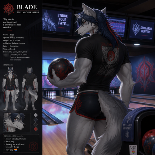 A well-made version of Blade from Stellaron Hunters as a silver fur anthro Wolf who’s about to go bowling and wear short shorts and a T-shirt also secretly gay.