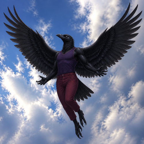 Anthropomorphic Crow wearing dark crimson pants and dark violet sleeveless shirt. Wings spread out wide behind him as he is flying up in the sky. Solo full body