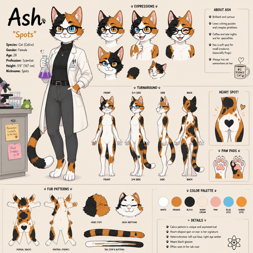 A beautiful female anthropomorphic calico cat with glasses and one blue eye and one orange eye, is a scientist, is named Ash, has the nickname Spots, animated version, reference sheet, shows all of her fur patterns, has a spot shaped like a heart on her rear 