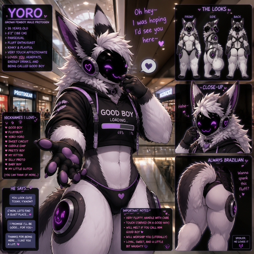 A kinky well-made fluffy grown femboy male Protogen at the mall being friendly and likes you. Animated version. Had some good nicknames. View. The looks.