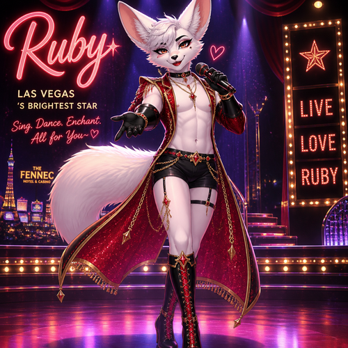 A well-made white furred fennec Fox male named Ruby, wears something attractive for entertainment for a show by self to dance/sing. Wears eyeliner and lipstick. Has a bushy tail. A grown femboy anthro. A star in Las Vegas. Well groomed. Front view. Animated verse. Has good personality.
