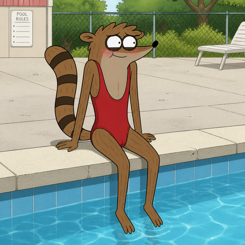 Rigby from Regular Show wearing tight red swimsuit sitting on the edge of a pool with a blush on his face. Solo full body.
