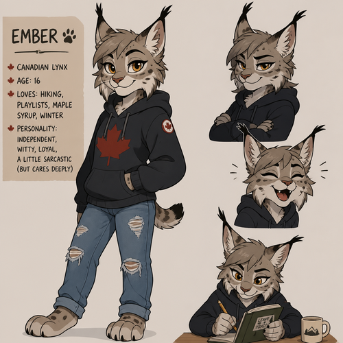 A teenage anthropomorphic female Canadian lynx, animated version 
