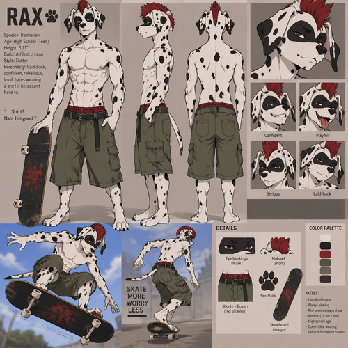 A high school aged male Dalmatian with a mask like spot over both eyes wearing loose green khaki shorts with red boxers being seen above the waistline of the shorts, shirtless showing off a 16 pack of abs, and a short red mohawk. He is a skateboarder that doesn’t like wearing a shirt if he doesn’t have to. Anime art style, reference sheet.