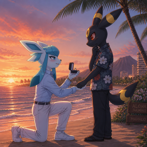 Barron Lucian Glaceon (The Barron Glaceon that wears eyeliner) so happy yet in love with his true soulmate, Rick (the non-rich grown Umbreon) decided to live Hawaii where Rick lives, wants to hold hands, and ask Rick to get married. In modern life. Well-made version and characters. Nothing like some billionaire lunatics. Anime. Side view.
