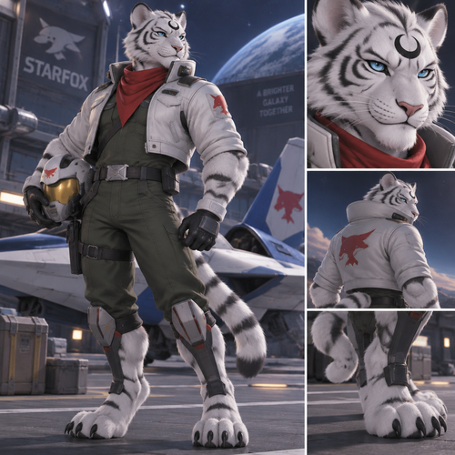 male, anthro, white tiger, black crescent on forehead, blue eyes, digitigrade footpaws, starfox