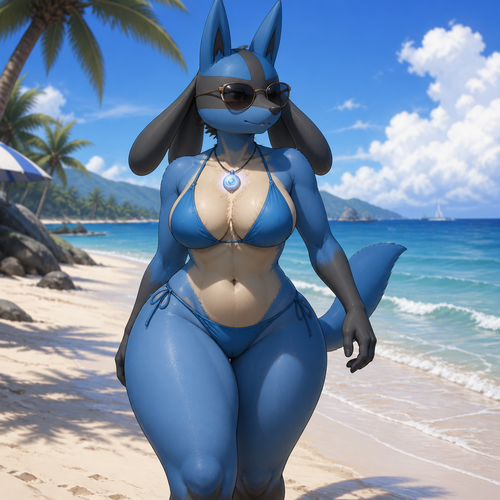 A well-made female Pokemon character, Lucario. Wears a bikini. Has thick thighs. Wears sunglasses. Walking around in the beach. Has no spikes. Wears a aura necklace 