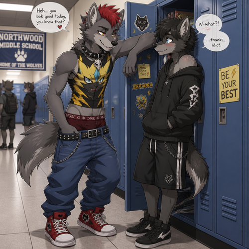 A middle school aged male grey dire wolf wearing saggy jeans with maroon colored boxers poking up above the waistband, a zeraora themed tight sleeveless shirt, a pair of red high top shoes, and a spiked collar snug around his neck with a wolf skull emblem hanging off it, with a short red mohawk hairstyle. He is at his locker at the middle school flirting with a male friend dressed in loose shorts, an oversized hoodie with one side falling off the shoulder and black sneakers. Anime art style, full body.