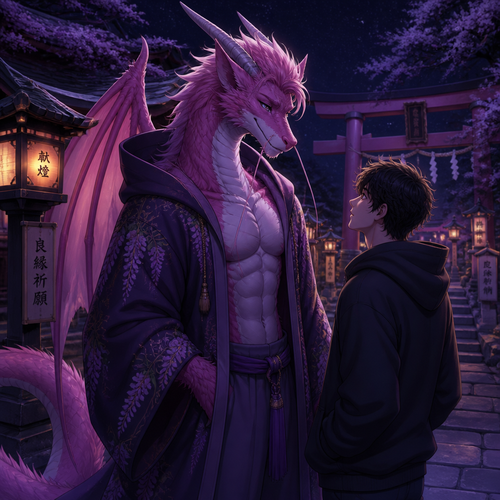 A well-made pink and purple furred grown homosexual male character, a lung dragon that wears a robe with a hoodie who met a human at the shrine at night.
