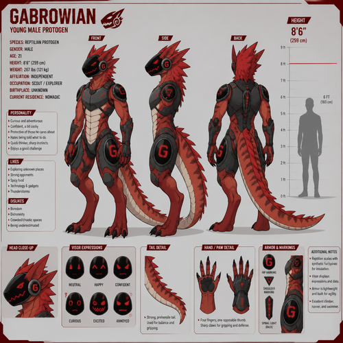 A young light red male reptilian protogen. Reference sheet, height of 8 foot 6 inches. Anime art style, the name is Gabrowian.
