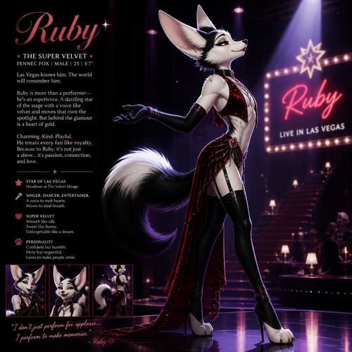 A well-made Black/white furred fennec Fox male named Ruby, wears something attractive for entertainment for a show by self to dance/sing. Wears eyeliner and lipstick. Has a bushy tail. A grown femboy anthro. A star in Las Vegas. Well groomed. Side view. Animated verse. Has good personality. Being a super velvet.