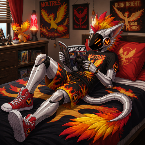 A middle school aged male protogen phoenix mostly made of metal wearing Moltres themed shirt, fire themed shorts, red high top shoes, and a plumage mohawk hairstyle. He is laying on his bed reading a gaming magazine. Anime art style, solo, full body.