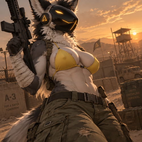 A digital illustration of an anthropomorphic Protogen character with an attractive, muscular physique—displaying powerful biceps, a full bust, and defined abs. She wears worn-looking olive-green military pants and a bright yellow bikini top, maintaining a confident expression. Her right arm is heavily wrapped in white bandages extending from the wrist to the mid-forearm, and she holds a black tactical rifle. She poses confidently and with a hint of excitement in front of a desert military base; the silhouette of a distant watchtower and a wire fence stand out against a hazy, orange-hued sky. The composition is a half-body shot focusing on the character's torso and face, utilizing a dramatic, extreme angle. Directional lighting creates soft shadows that accentuate the contours of her silhouette. The color palette is dominated by subdued earth tones that contrast sharply with her fur and the vibrant yellow of her swimwear. The atmosphere is rugged yet serene.