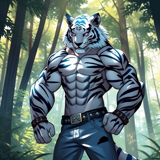 Male anthro White tiger with blue accents, purple eyes, muscular, in low rise jeans with a studded belt, standing in the forest