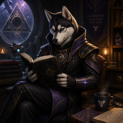 A young male Husky reading a book. Wearing Warlock armor from Destiny 2.