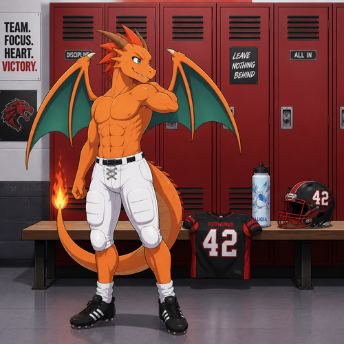 A middle school aged orange male dragon wearing white football pants, black football shoes standing in the locker room. We can see 6 pack of abs as he is looking over his shoulder. On a bench between the football lockers lies a a red and black football jersey, a Lugia themed water bottle, and a red and black helmet with the number 42 on the sides. Anime style, front view, full body.