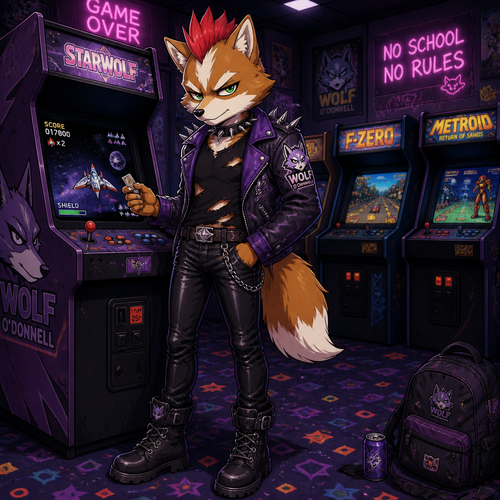 A middle school aged delinquent Fox McCloud wearing tight leather pants, a black ripped sleeveless shirt, a spike collar, a purple Wolf O’Donnell themed leather jacket, black combat boots, and a red spiked mohawk. He is skipping school playing games at an arcade. Anime art style, full body.