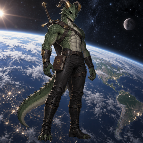 A green scaled male dragonoid with insect chitin covering his head, 2 inward curving horns, black eyes, wearing a leather harness, black leather pants, gold coverings on parts of his horns, a great sword on his back, and a leather bound journal hanging on the right side of his waist. He is floating in outer space above a planet that closely resembles Earth. Anime art style, solo, full body.