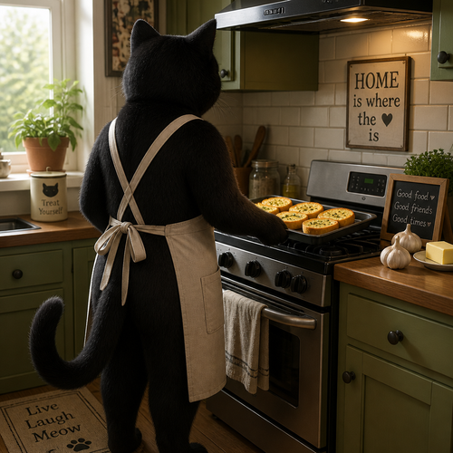 A friendly neighbor, a anthro black cat. Wears an apron while cooking some garlic bread. Well-made version. Rear view.