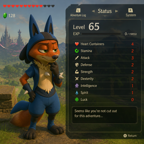 Nick Wilde wearing a Lucario themed outfit. His is inside a video game based on Legend of Zelda looking at his stats seeing he is level 65 with all bad stats.