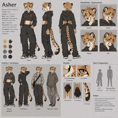 A anthropomorphic cheetah named Asher that has male anatomy and muscle but female size and chest, they are fully clothed, reference sheet