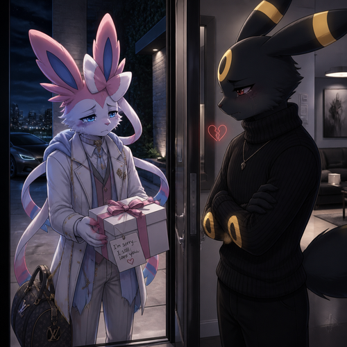 A sad rich male Sylveon, who came to see and offering a gift with a bow on it for apology, Still loves his male Umbreon that wears black sweater standing on a front door inside of his modern house feeling very unhappy and hurt to see and still has a broken heart. In the anthropomorphic universe (well-made).
