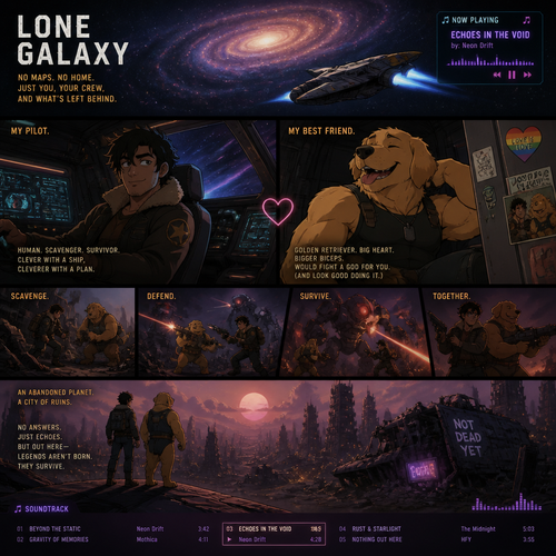In a lone galaxy, a well-made animated version. In a spaceship, a human pilot/scavenger, and his best friend a thick homosexual anthro gay golden retriever with floppy ears. Both finding themselves on a scavenging hunt and knows how to defend themselves from any threats even some robots. In an abandoned planet at the unknown in a city of ruins. And do better with music.
