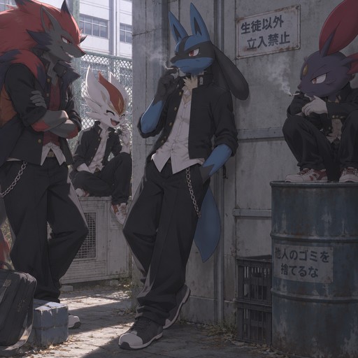A high school aged male Lucario wearing delinquent outfit. He is behind the high school, smoking a cigarette with his friends. Anime art style, full body.