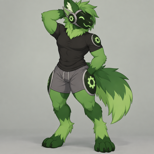 Character: An anthropomorphic Protogen with green fur, dark green virtual eyes, and green hair, featuring a gear symbol on the ports on its thighs and shoulders; it has an athletic build and a mature, cheerful presence. It is wearing a black shirt and gray shorts.

Setting: A simple background.