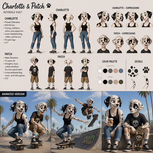 A beautiful female anthropomorphic Dalmatian named Charlotte in her mid thirties with no piercings skateboarding with her teenage son Patch who has a patch of black fur over his right eye, reference sheet, animated version 