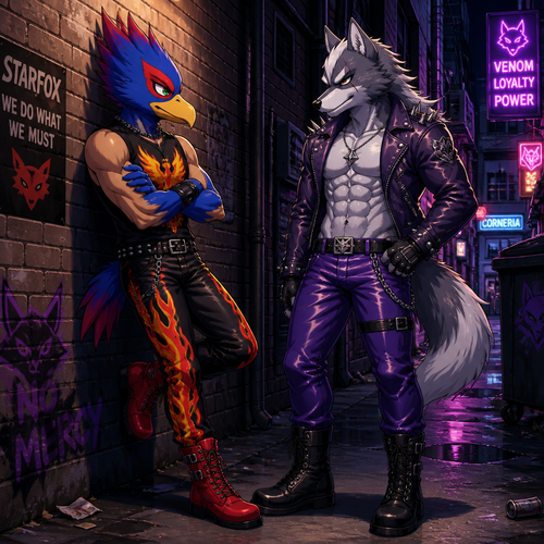 Falco Lombardi wearing fire themed leather pants, Moltres themed sleeveless shirt, red combat boots, and a plumage mohawk hairstyle. He is leaning against a wall in an alley talking to Wolf O’Donnell (who is a wolf) wearing purple leather pants, no shirt showing off a 16 pack of abs, black boots, and a purple spiked leather jacket. Anime art style, full body.