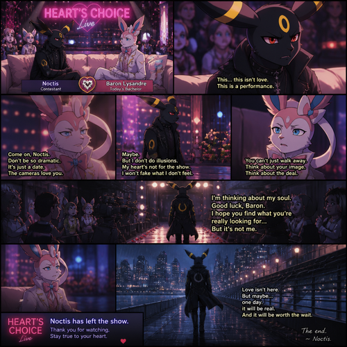In a well-made anthro Pokemon universe, an non-rich grown brave male half gothic Umbreon refuses to accept the sham date with a grown richest male Sylveon (the careless Barron) on a live dating fantasy show (in modern life) and decided to leave because love isn’t here. A well-made animated version. A sad but a good truthful ending.