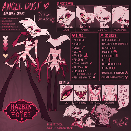 Angel Dust from Hazbin Hotel, refresh sheet, shows his likes and dislikes