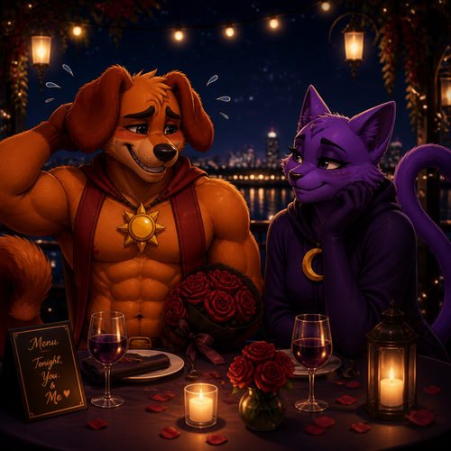 DogDay, a well-made grown anthro smiling critter (a leader of the smiling critters) with buff body and nervous about on a date with his boyfriend, Catnap (the smiling critter and has eyeliner). A nice romantic night.
