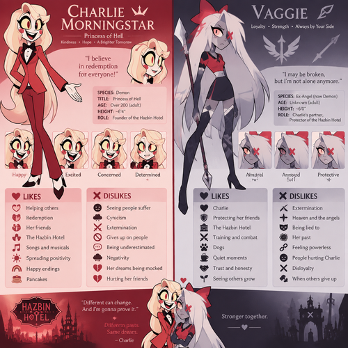 Charlie Morningstar and Vaggie from Hazbin Hotel, reference sheet, shows their likes and dislikes 