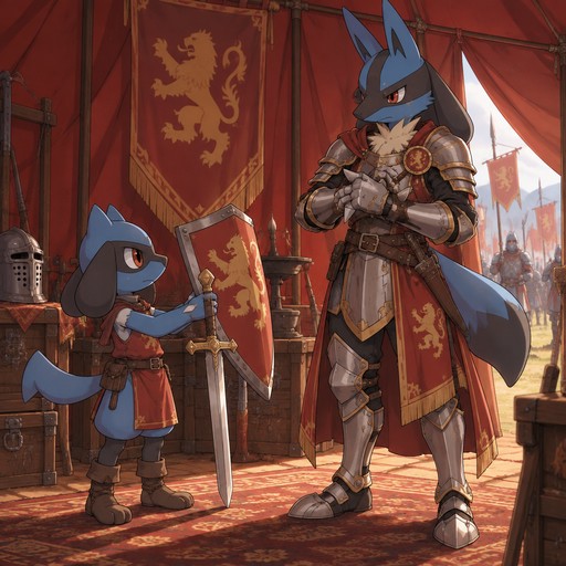A male Riolu dressed up as a squire getting ready to hand a shield and sword to a male Lucario dressed up as a knight. They are in a red tent with a golden Lion on a banner in the tent getting ready to go to war. Anime art style, full body.