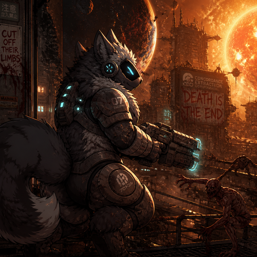 A thick fluffy Protogen in Dead Space universe, carrying a plasma cutter for self defense and fighting for survival in a city in space, close to the planet and near the sun. A well anime version. A sci-fi horror. Side view.