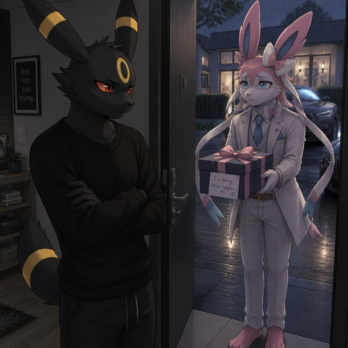 An unhappy well-made Pokemon adult male character, Umbreon that wears a black sweater, wasn’t rich but lives in a modern life. standing inside of his house with a door open, sees an adult billionaire male Sylveon standing outside, and a sad look who’s offering a gift with ribbons on it for an apology. A anthropomorphic verse. 
