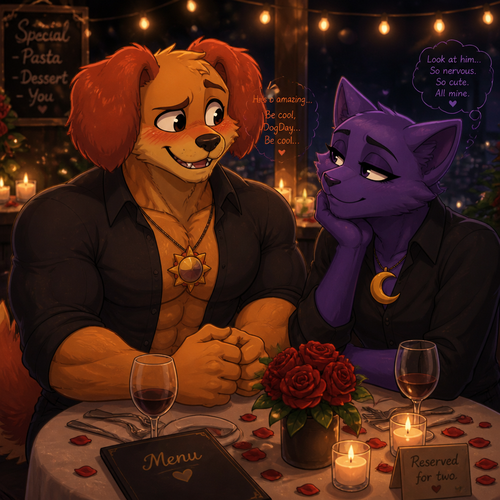 DogDay, a well-made grown anthro smiling critter (a leader of the smiling critters) with buff body and nervous about on a romantic date with his boyfriend, Catnap (the smiling critter and has eyeliner). 