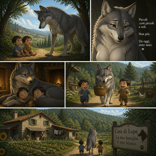 A well-made thick and busty female adult grey Wolf in Italy, who sees two baby boys (the twins) and decides to adopt them. Lives in a farm land alone in the woods. Animated version.