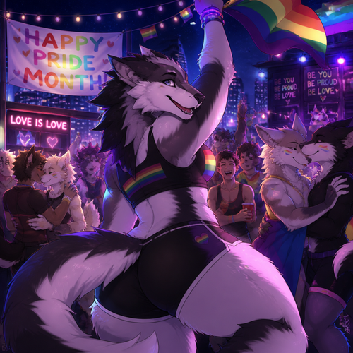 In animated universe, a well-made Sergal character with thick thighs and big buttocks also fluffy who’s happily celebrating on pride month at the party at night. Other Sergals, other anthros, and good humans too. Some kisses and some are happy.