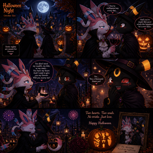In this anthropomorphic verse on a Halloween night, a wealthy grown Sylveon male (the Barron who dressed as a gay vampire) who spent many days with his boyfriend (a non-rich grown Umbreon male dresses as a witch) while finally asking to marry him to show affection. A well-made animated version. A spooky and scary holiday on October autumn. A modern present day.