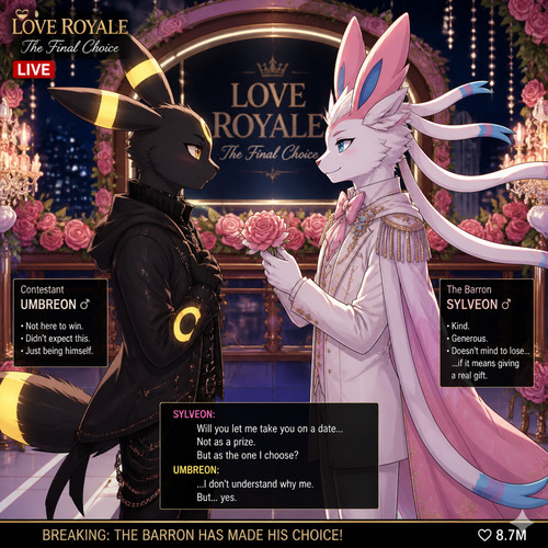 In a dating reality show on live (a well-made animated version) a non-rich half gothic grown Umbreon male is surprisingly unbelievably been accepted to become a boyfriend to this super rich kind grown Sylveon male (the Barron) for not understanding why that doesn’t mind to lose and leave. In an anthropomorphic Pokemon universe. Never asks and want to be there but been gifted. A good ending. Side view. All well-made characters. A modern present day. Been asked on a date.