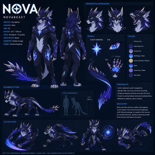 A male anthropomorphic novabeast named Nova, reference sheet, animated version 