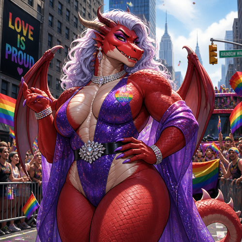 A beautiful adult anthro Dragon male as a drag queen with thick thighs and makeup on today’s pride day in a city parade.