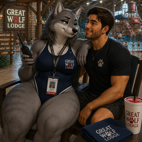 A well-made adult female tomboy grey Wolf who works at Great Wolf Lodge and wears a swimsuit. Has thick thighs and a bushy tail. Carries a something useful while at work. Carries ID. Has eyeliner and a good eyes. With a pleasure look and dating a friendly handsome man while on break.