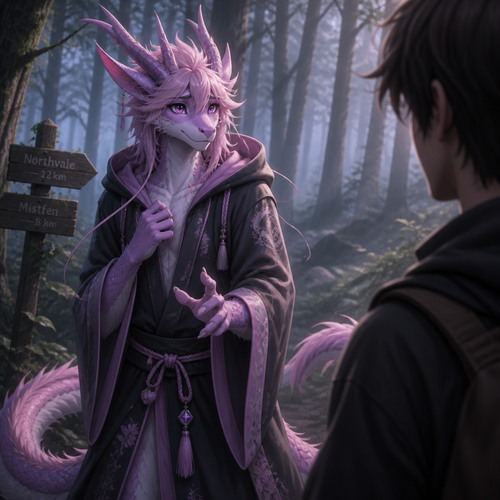 A well-made grown femboy pink and purple furred male character, a anthro Lung dragon that wears a robe with a hoodie who came out of nowhere in a forest and lost but also sees a human and wonder if like to be friends and hoped for not being tricked or worse.
