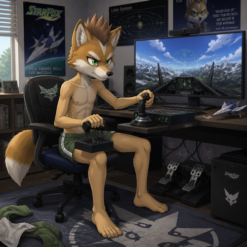 A teenage Fox McCloud wearing green short shorts, no shirt showing barely developed muscles, no shoes, and a mohawk hairstyle. Sitting at his computer desk playing a flight simulator with realistic flight controls. Anime art style, full body.