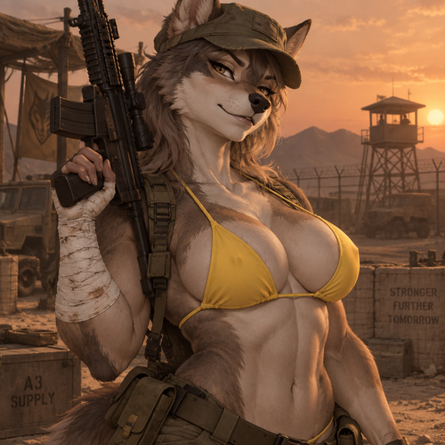 A digital illustration of an anthropomorphic character with an attractive, muscular physique—featuring powerful biceps, a full bust, and defined abs. She wears a worn-looking olive-green military cap and a bright yellow bikini top, maintaining a confident expression. Her right arm is heavily wrapped in white bandages extending from the wrist to the mid-forearm, and she holds a black tactical rifle. She strikes a confident, slightly provocative pose against a desert military base backdrop; the silhouette of a distant watchtower and a wire fence stands out against a hazy, orange-hued sky. The composition is a half-body shot focusing on the character's torso and face, captured from a dramatic angle. Directional lighting creates soft shadows that accentuate the contours of her silhouette. The color palette is dominated by muted earth tones that contrast sharply with her fur and the vibrant yellow of her swimwear. The atmosphere is rugged yet serene.