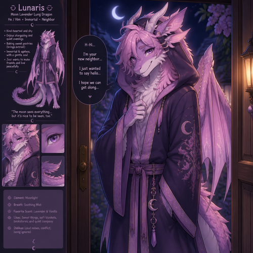 A friendly shy immortal alike femboy grown male character (well-made) anthro moon lavender lung Dragon with pink & purple fur and a pretty one that wears a robe with a hoodie who came to say hi as a friendly neighbor.